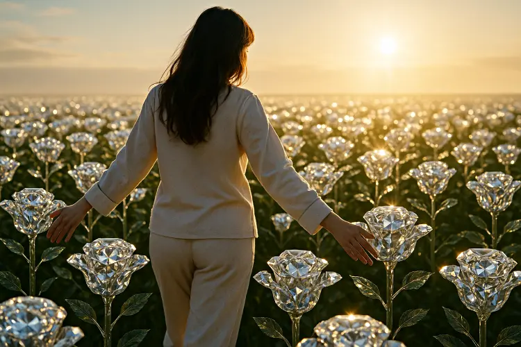 Tener sueños lúcidos es posible. Mujer caminando entre rosas de diamante.